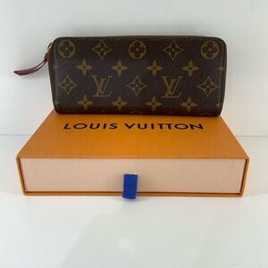Pre Owned Louis Vuitton Brown Monogram Zip Wallet with Burgundy Pull